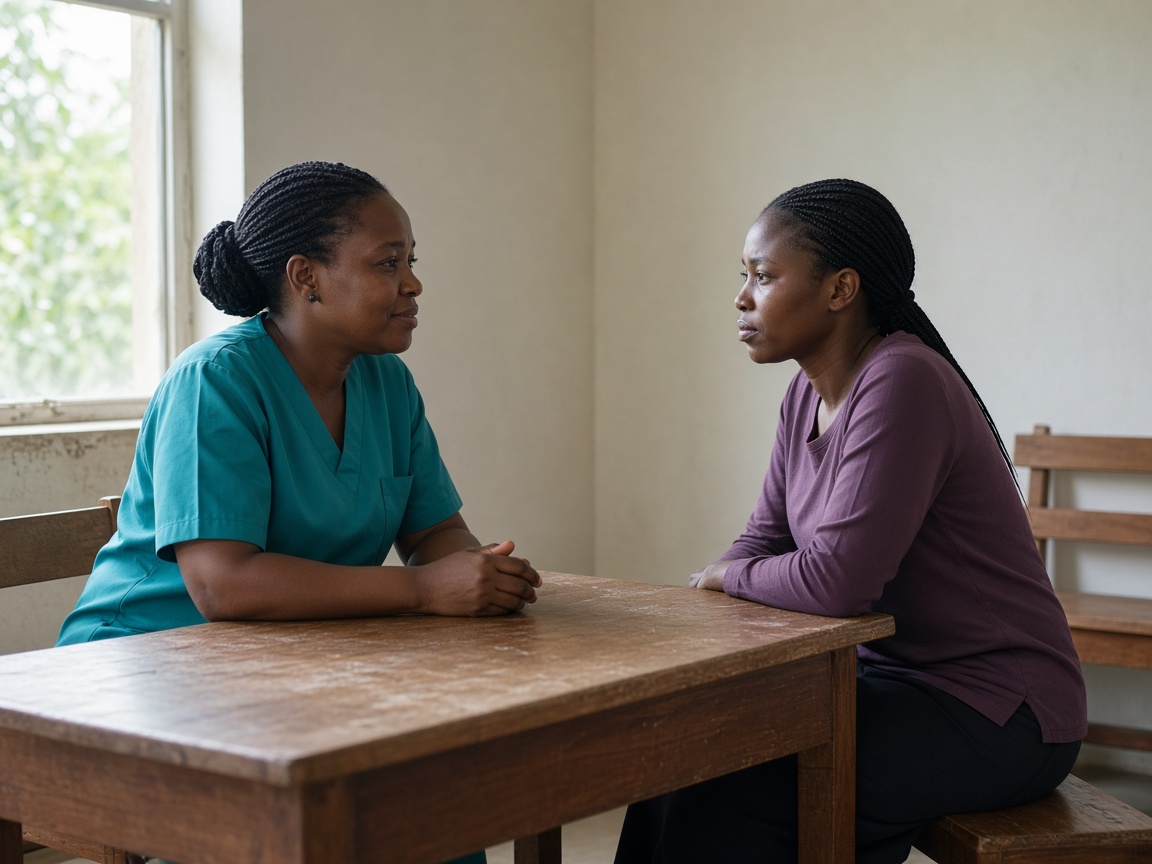 A nurse talking with a young adult in a health centre