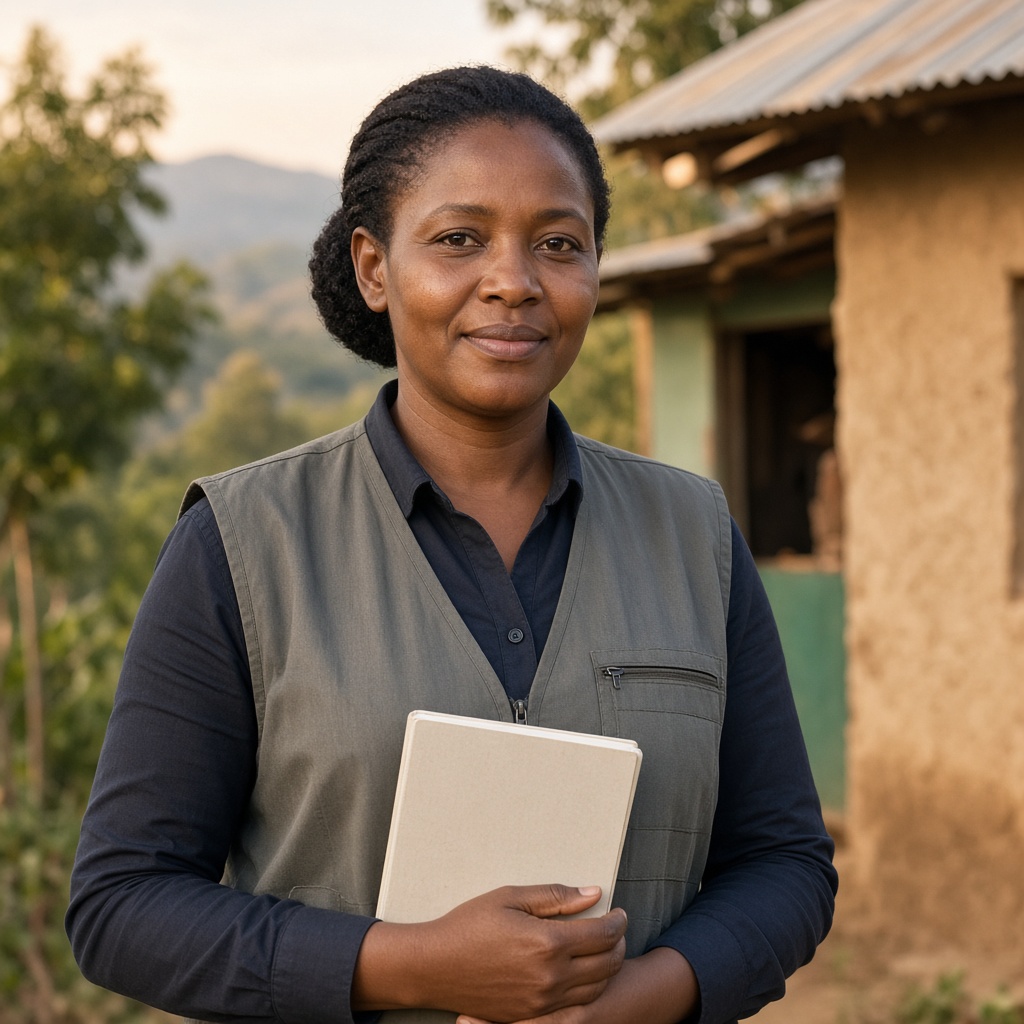 A community health worker standing outside a health post
