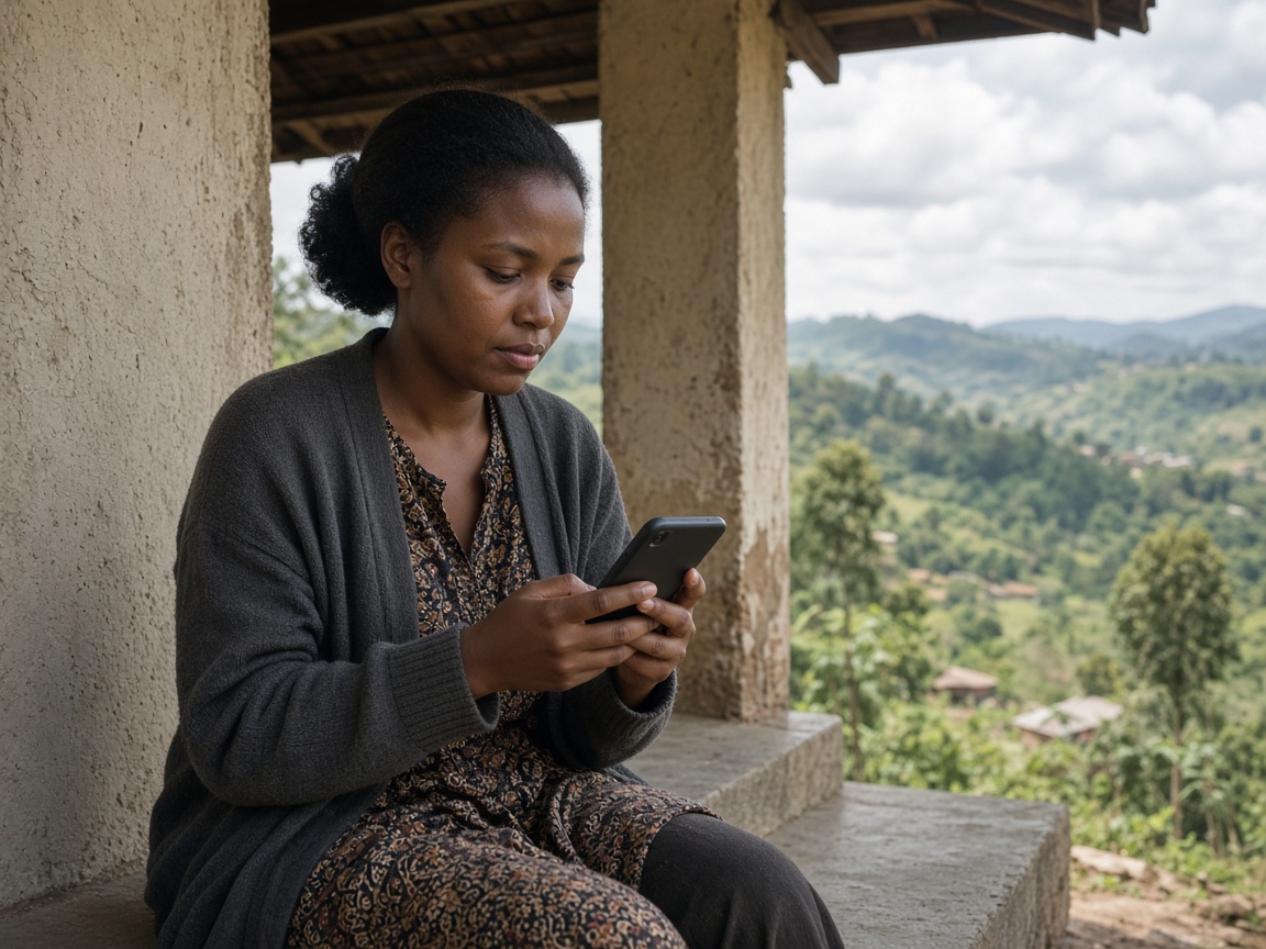 A young woman sitting outdoors and reading a message on her phone