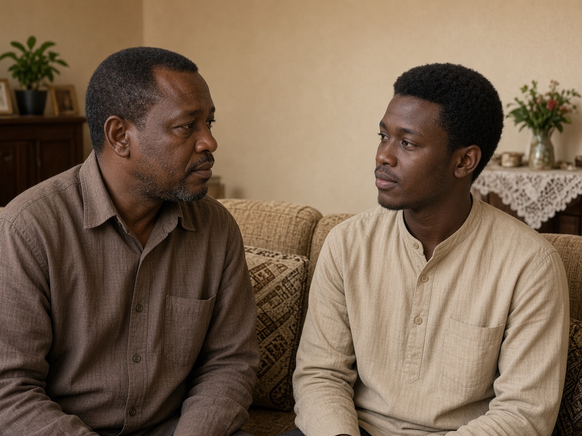 A parent and a young adult talking together at home